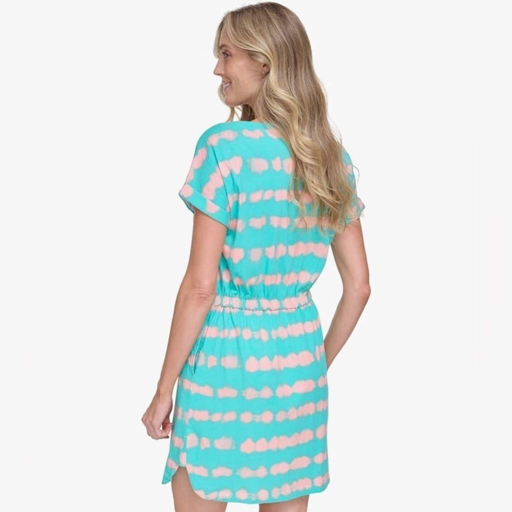 Beachy jersey cotton Dress Turquoise peach drawstring waist XL pockets Casual - Picture 4 of 15